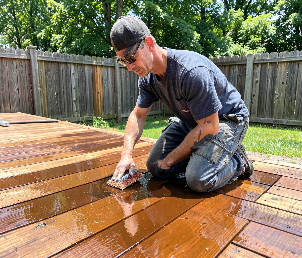 Worker applying rich brown stain to a wooden backyard deck