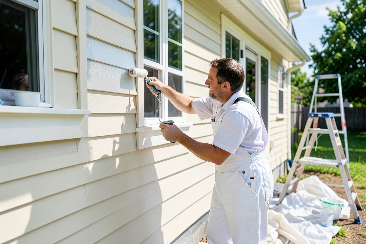 Painter in white overalls rolling fresh paint onto the exterior siding of a home